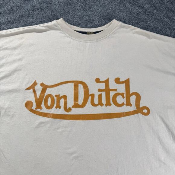 Von Dutch Originals T Shirt Huge Spell Out Logo Puffy Print Brown Beige Mens 3XL - Picture 1 of 8